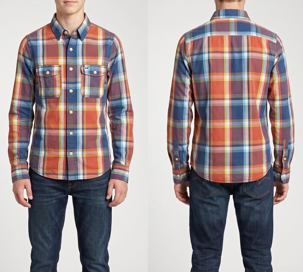 Hollister Boys Large Red Orange Blue Shirt Plaid 100% Cotton